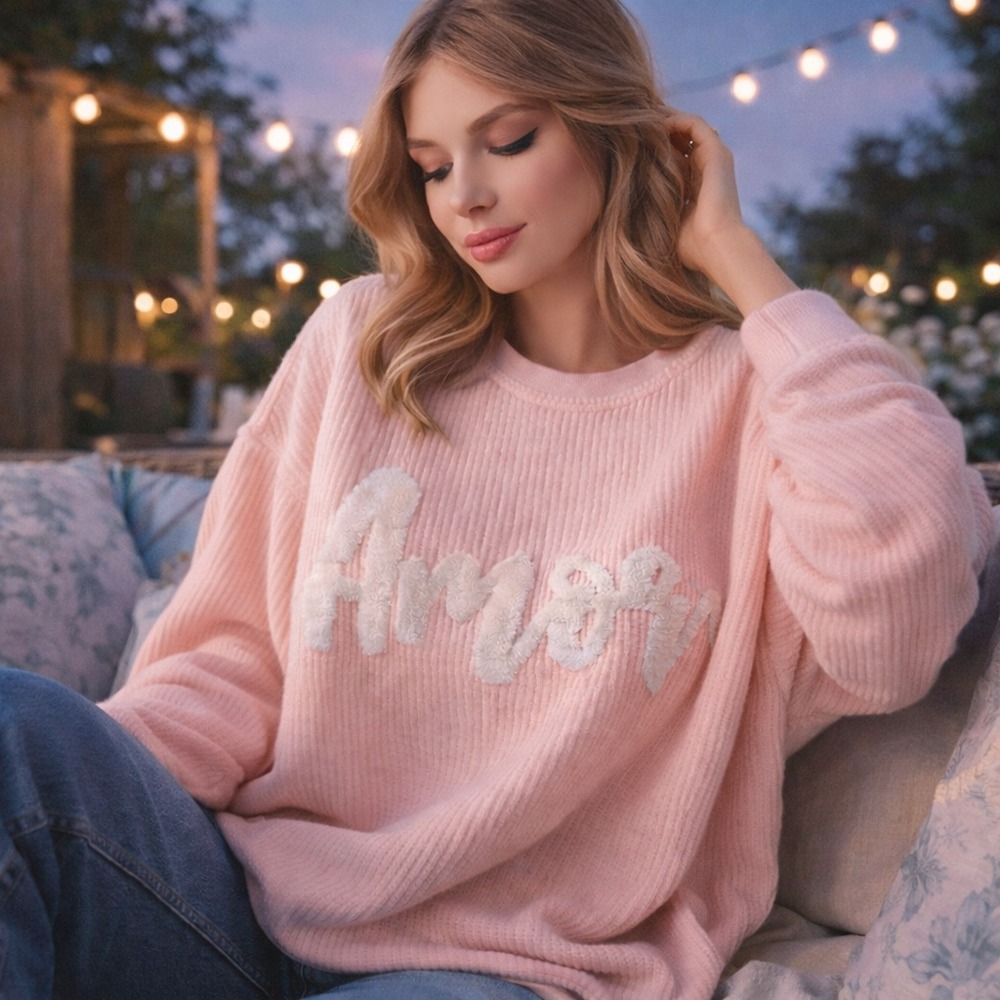 August Bleu "Amor" Chenille Sweater Pink Waffle Knit Cozy Cottagecore Size M